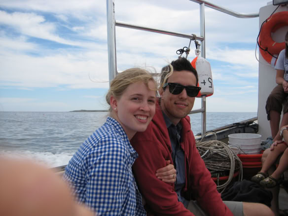 Michelle & Luke on a lobster boat off of Swan's Island main on the way to Marshall Island for a lobster feast